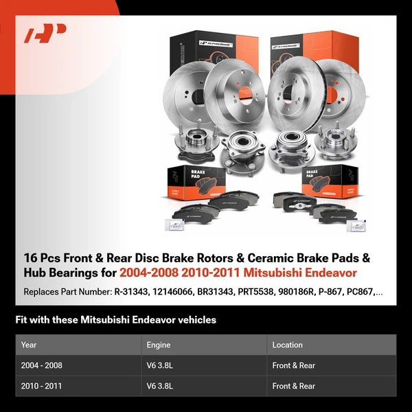 16 Pcs Front & Rear Disc Brake Rotors & Ceramic Brake Pads & Hub Bearings for 2004-2008 2010-2011 Mitsubishi Endeavor