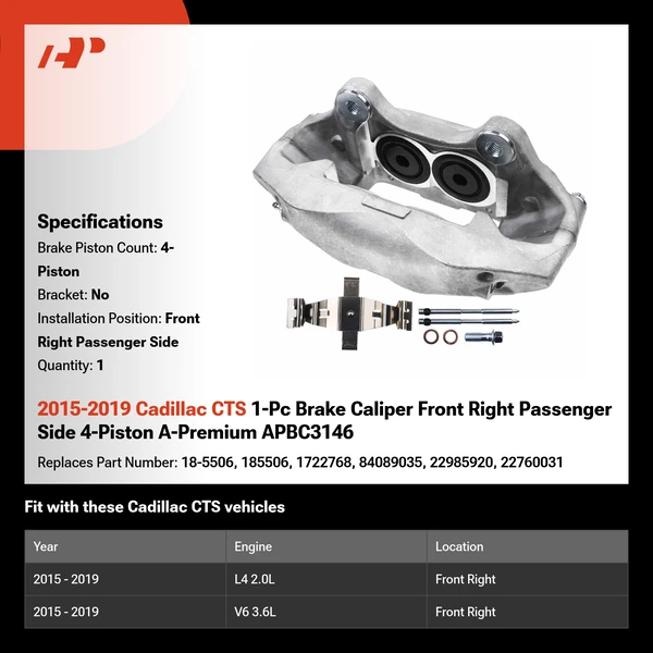 2015-2019 Cadillac CTS 1-Pc Brake Caliper Front Right Passenger Side 4-Piston A-Premium APBC3146