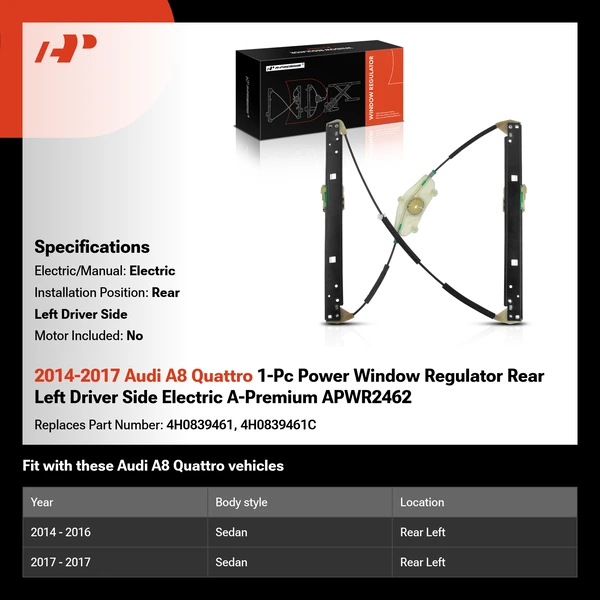 2014-2017 Audi A8 Quattro 1-Pc Power Window Regulator Rear Left Driver Side Electric A-Premium APWR2462