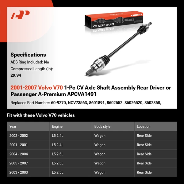 2001-2007 Volvo V70 1-Pc CV Axle Shaft Assembly Rear Driver or Passenger A-Premium APCVA1491