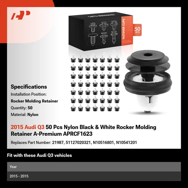 2015 Audi Q3 50 Pcs Nylon Black & White Rocker Molding Retainer A-Premium APRCF1623