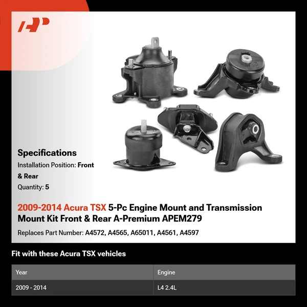 2009-2014 Acura TSX 5-Pc Engine Mount and Transmission Mount Kit Front & Rear A-Premium APEM279
