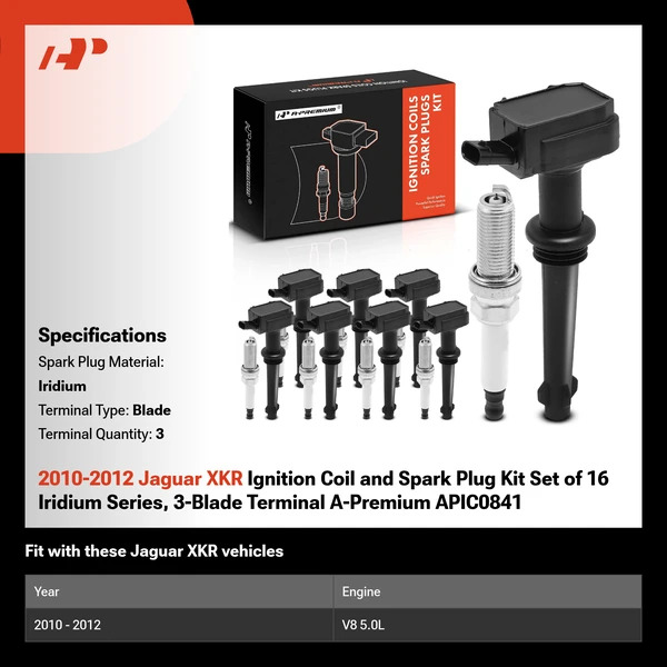 2010-2012 Jaguar XKR Ignition Coil and Spark Plug Kit Set of 16 Iridium Series, 3-Blade Terminal A-Premium APIC0841