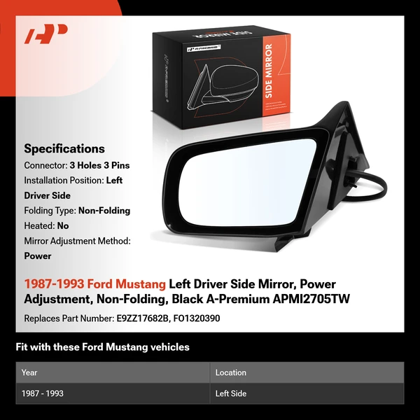 1987-1993 Ford Mustang Left Driver Side Mirror, Power Adjustment, Non-Folding, Black A-Premium APMI2705TW