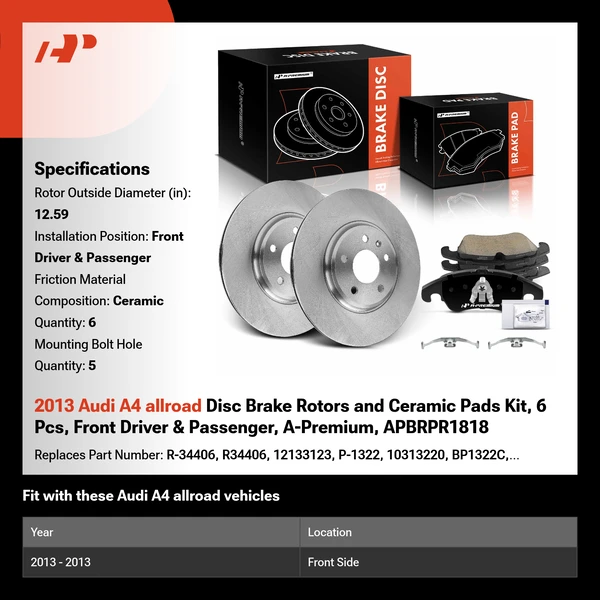 2013 Audi A4 allroad Disc Brake Rotors and Ceramic Pads Kit, 6 Pcs, Front Driver & Passenger, A-Premium, APBRPR1818