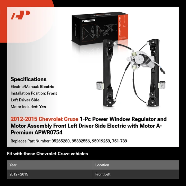 2012-2015 Chevrolet Cruze 1-Pc Power Window Regulator and Motor Assembly Front Left Driver Side Electric with Motor A-Premium APWR0754
