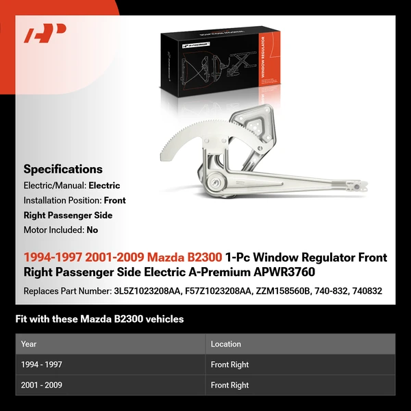 1994-1997 2001-2009 Mazda B2300 1-Pc Window Regulator Front Right Passenger Side Electric A-Premium APWR3760