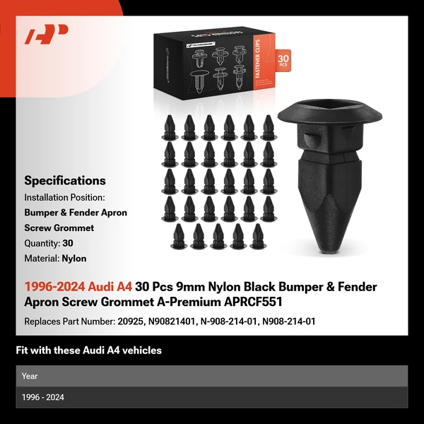 1996-2024 Audi A4 30 Pcs 9mm Nylon Black Bumper & Fender Apron Screw Grommet A-Premium APRCF551