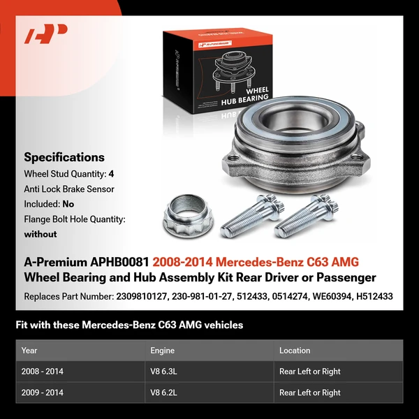 A-Premium APHB0081 2008-2014 Mercedes-Benz C63 AMG Wheel Bearing and Hub Assembly Kit Rear Driver or Passenger