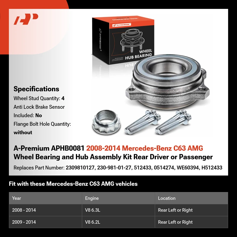 A-Premium APHB0081 2008-2014 Mercedes-Benz C63 AMG Wheel Bearing and Hub Assembly Kit Rear Driver or Passenger