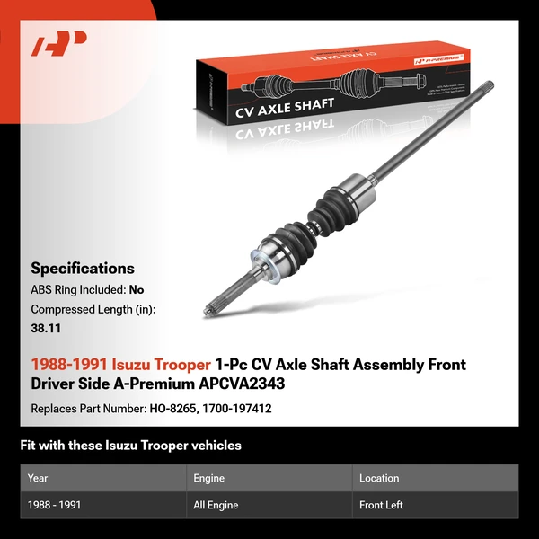 1988-1991 Isuzu Trooper 1-Pc CV Axle Shaft Assembly Front Driver Side A-Premium APCVA2343