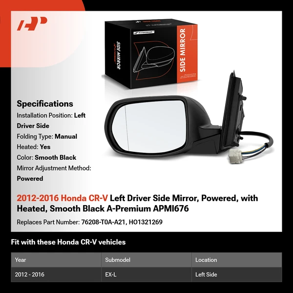 2012-2016 Honda CR-V Left Driver Side Mirror, Powered, with Heated, Smooth Black A-Premium APMI676