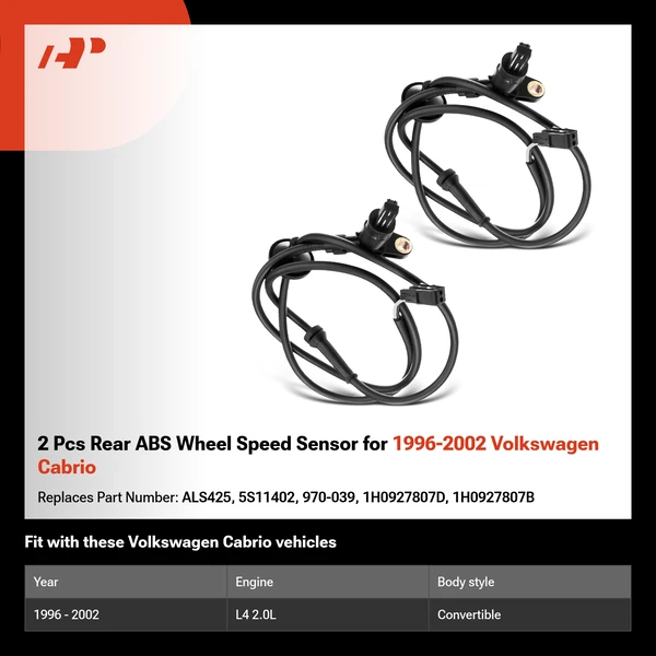 2 Pcs Rear ABS Wheel Speed Sensor for 1996-2002 Volkswagen Cabrio