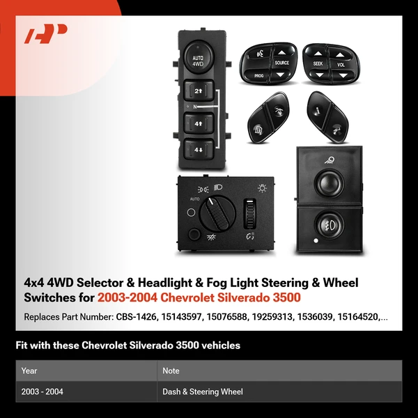 4x4 4WD Selector & Headlight & Fog Light Steering & Wheel Switches for 2003-2004 Chevrolet Silverado 3500