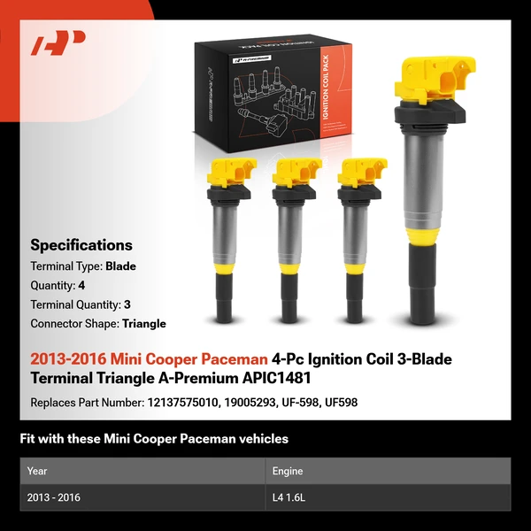 2013-2016 Mini Cooper Paceman 4-Pc Ignition Coil 3-Blade Terminal Triangle A-Premium APIC1481