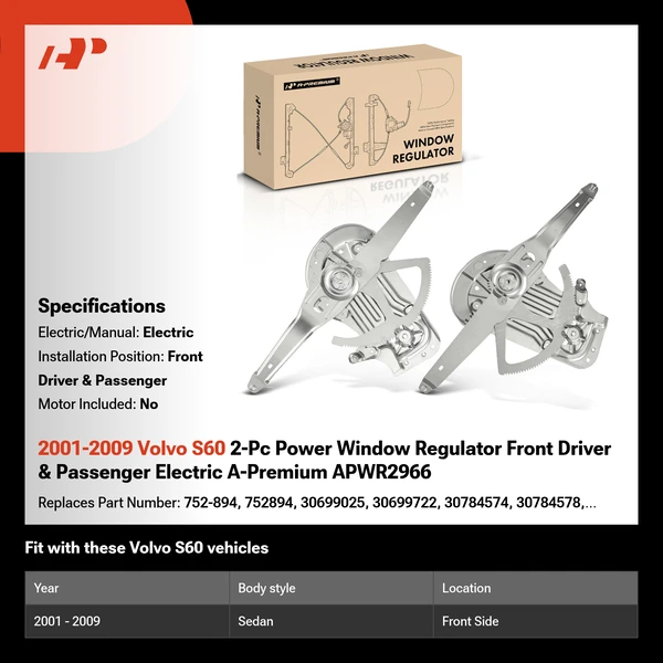 2001-2009 Volvo S60 2-Pc Power Window Regulator Front Driver & Passenger Electric A-Premium APWR2966
