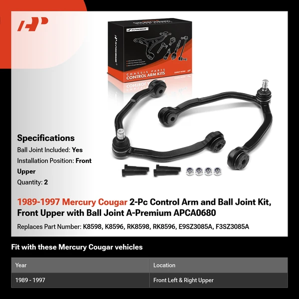 1989-1997 Mercury Cougar 2-Pc Control Arm and Ball Joint Kit, Front Upper with Ball Joint A-Premium APCA0680