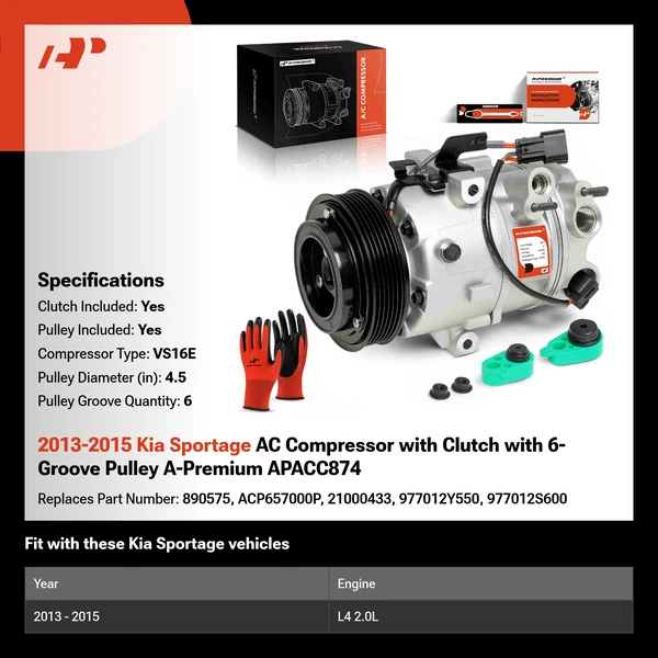 2013-2015 Kia Sportage AC Compressor with Clutch with 6-Groove Pulley A-Premium APACC874