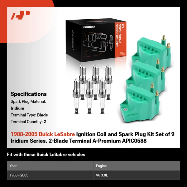 1988-2005 Buick LeSabre Ignition Coil and Spark Plug Kit Set of 9 Iridium Series, 2-Blade Terminal A-Premium APIC0588