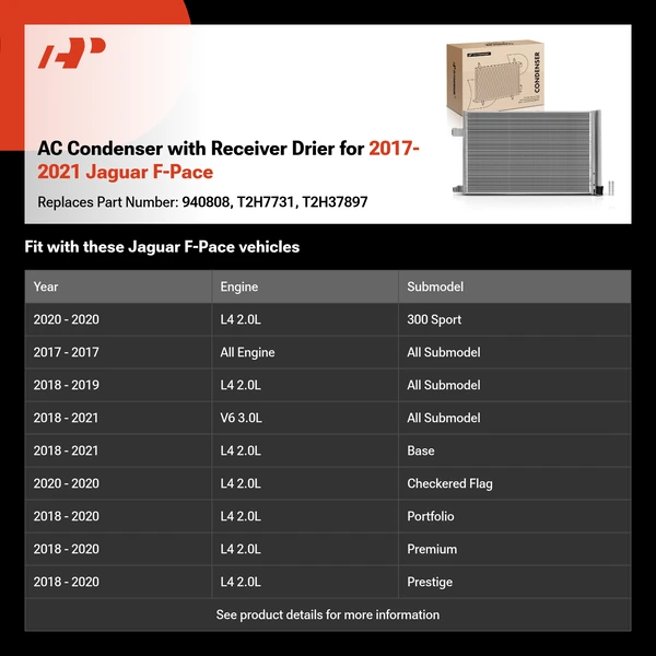 AC Condenser with Receiver Drier for 2017-2021 Jaguar F-Pace
