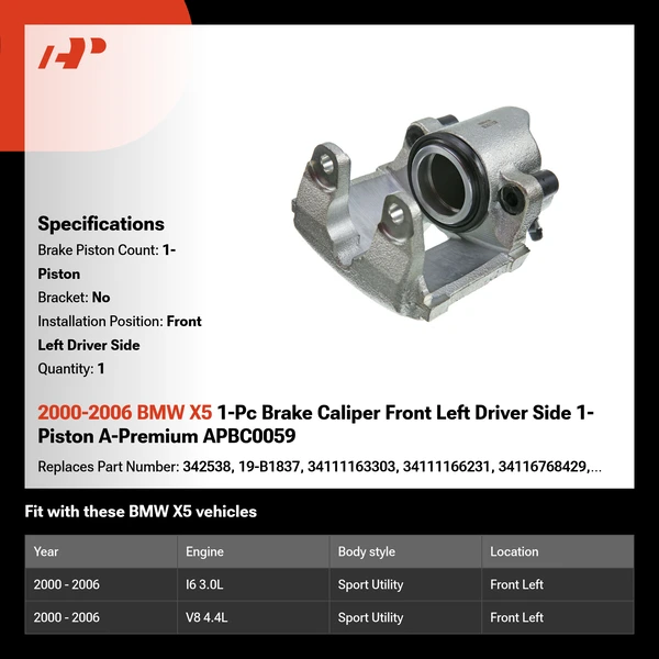 2000-2006 BMW X5 1-Pc Brake Caliper Front Left Driver Side 1-Piston A-Premium APBC0059