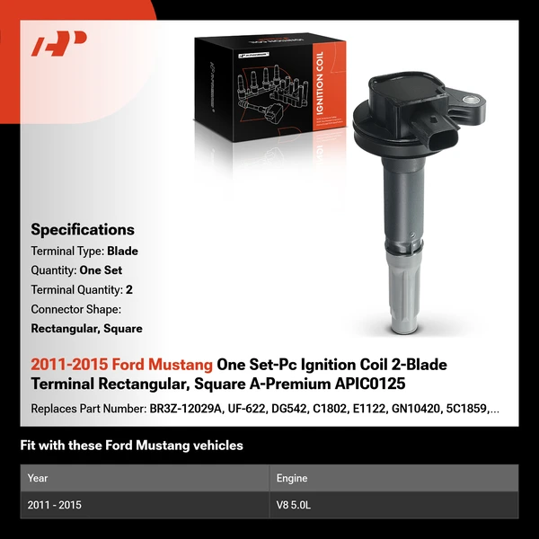 2011-2015 Ford Mustang One Set-Pc Ignition Coil 2-Blade Terminal Rectangular, Square A-Premium APIC0125
