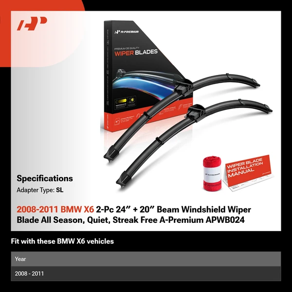 2008-2011 BMW X6 2-Pc 24″ + 20″ Beam Windshield Wiper Blade All Season, Quiet, Streak Free A-Premium APWB024