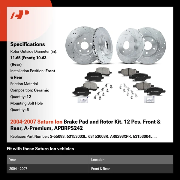 2004-2007 Saturn Ion Brake Pad and Rotor Kit, 12 Pcs, Front & Rear, A-Premium, APBRPS242