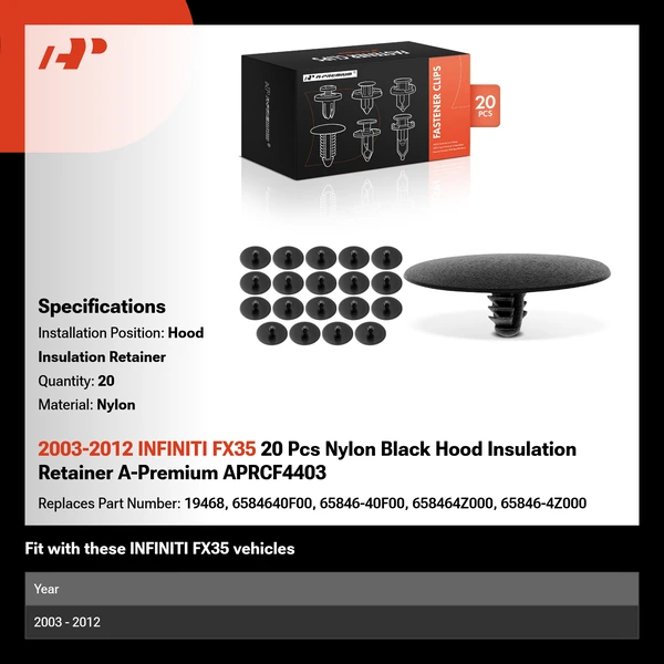 2003-2012 INFINITI FX35 20 Pcs Nylon Black Hood Insulation Retainer A-Premium APRCF4403