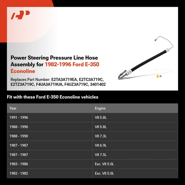 Power Steering Pressure Line Hose Assembly for 1982-1996 Ford E-350 Econoline
