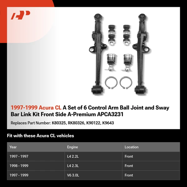 1997-1999 Acura CL A Set of 6 Control Arm Ball Joint and Sway Bar Link Kit Front Side A-Premium APCA3231
