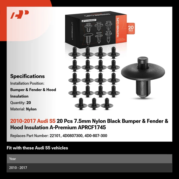 2010-2017 Audi S5 20 Pcs 7.5mm Nylon Black Bumper & Fender & Hood Insulation A-Premium APRCF1745