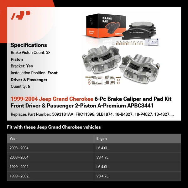 1999-2004 Jeep Grand Cherokee 6-Pc Brake Caliper and Pad Kit Front Driver & Passenger 2-Piston A-Premium APBC3441
