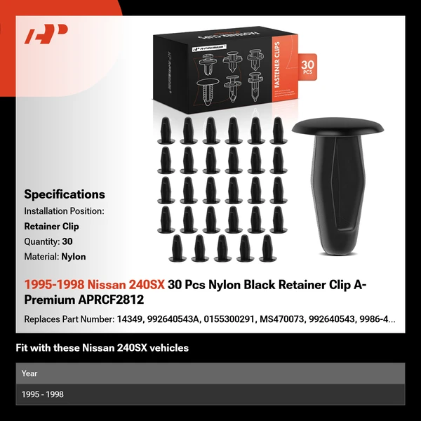 1995-1998 Nissan 240SX 30 Pcs Nylon Black Retainer Clip A-Premium APRCF2812