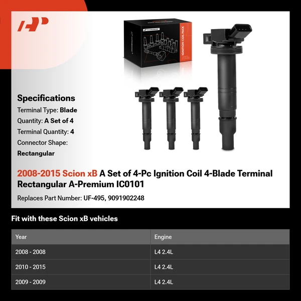 2008-2015 Scion xB A Set of 4-Pc Ignition Coil 4-Blade Terminal Rectangular A-Premium IC0101