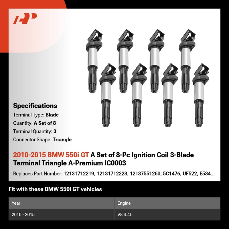 2010-2015 BMW 550i GT A Set of 8-Pc Ignition Coil 3-Blade Terminal Triangle A-Premium IC0003