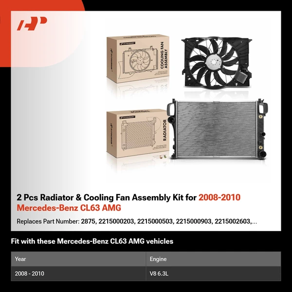 2 Pcs Radiator & Cooling Fan Assembly Kit for 2008-2010 Mercedes-Benz CL63 AMG