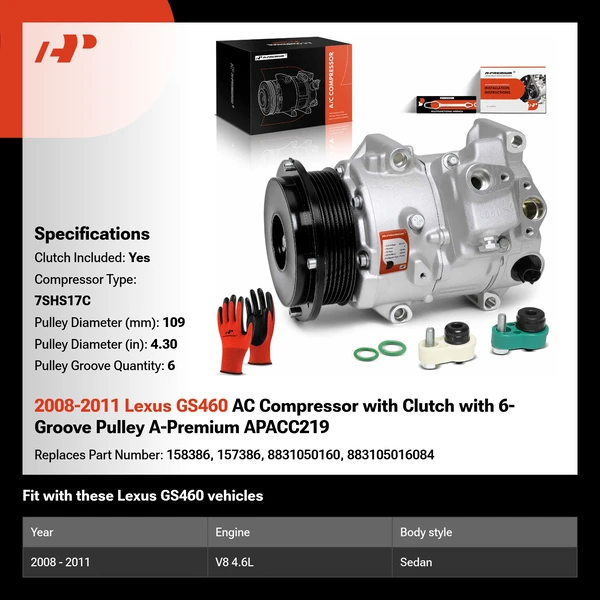 2008-2011 Lexus GS460 AC Compressor with Clutch with 6-Groove Pulley A-Premium APACC219