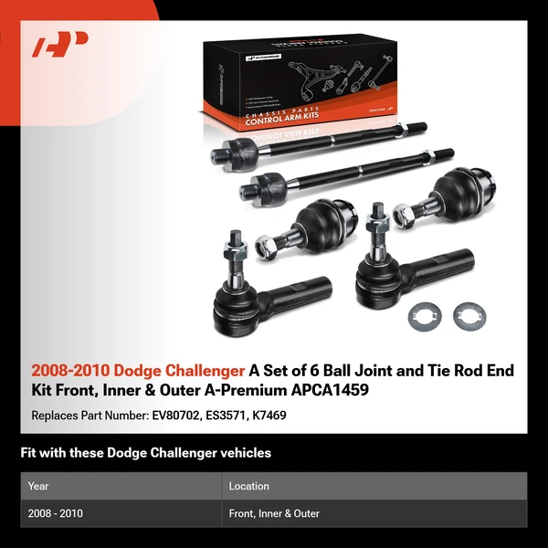 2008-2010 Dodge Challenger A Set of 6 Ball Joint and Tie Rod End Kit Front, Inner & Outer A-Premium APCA1459