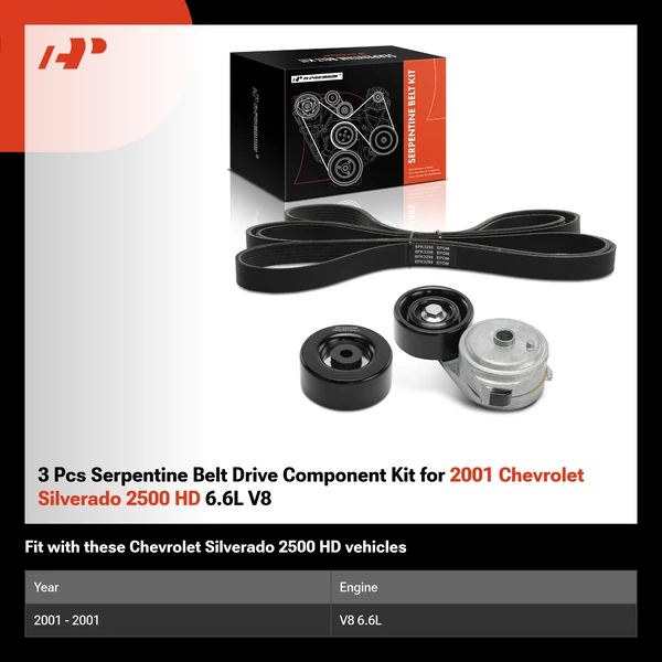 3 Pcs Serpentine Belt Drive Component Kit for 2001 Chevrolet Silverado 2500 HD 6.6L V8