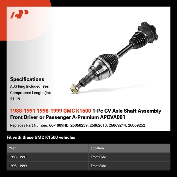 1988-1991 1998-1999 GMC K1500 1-Pc CV Axle Shaft Assembly Front Driver or Passenger A-Premium APCVA001