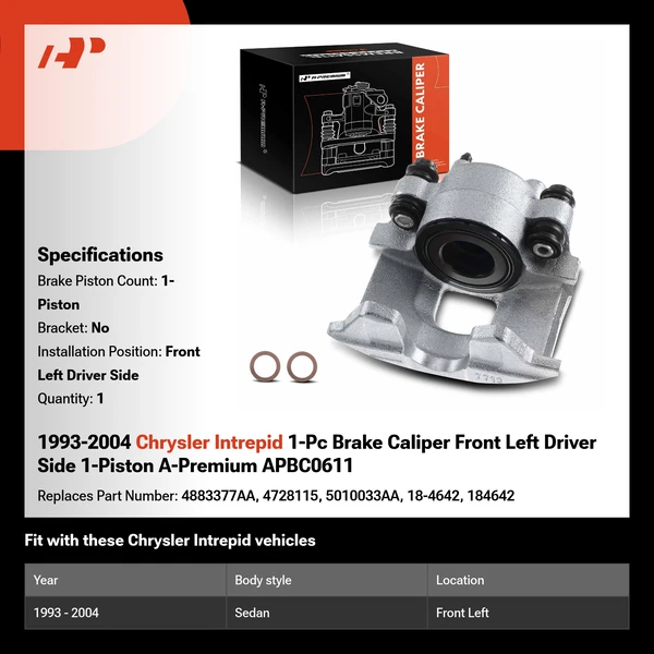 1993-2004 Chrysler Intrepid 1-Pc Brake Caliper Front Left Driver Side 1-Piston A-Premium APBC0611
