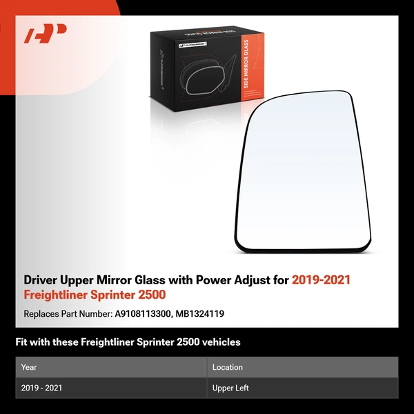 Driver Upper Mirror Glass with Power Adjust for 2019-2021 Freightliner Sprinter 2500