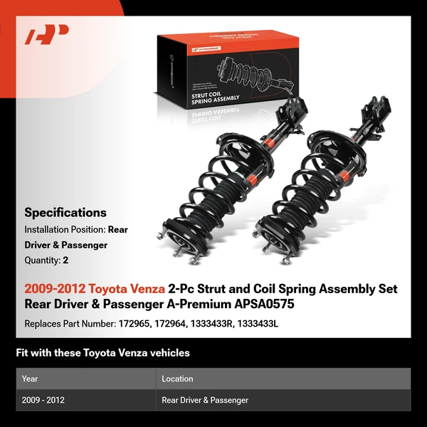 2009-2012 Toyota Venza 2-Pc Strut and Coil Spring Assembly Set Rear Driver & Passenger A-Premium APSA0575