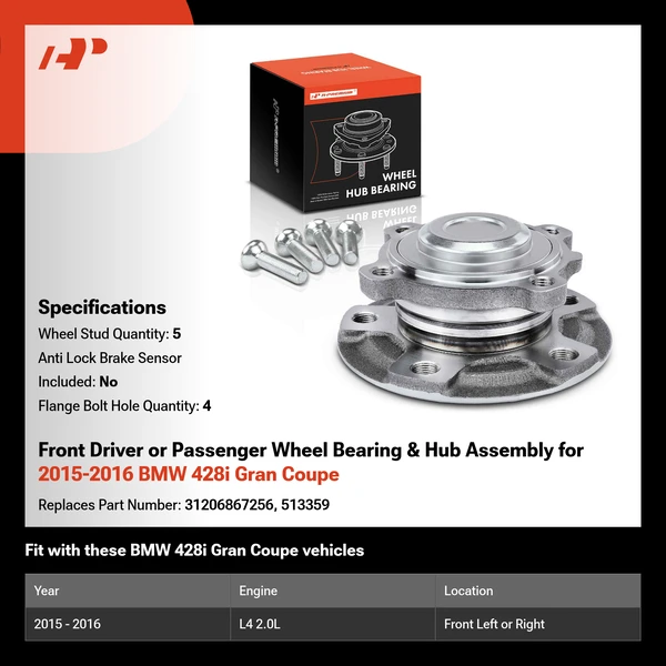 Front Driver or Passenger Wheel Bearing & Hub Assembly for 2015-2016 BMW 428i Gran Coupe