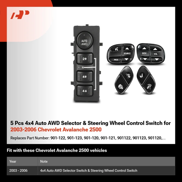 5 Pcs 4x4 Auto AWD Selector & Steering Wheel Control Switch for 2003-2006 Chevrolet Avalanche 2500