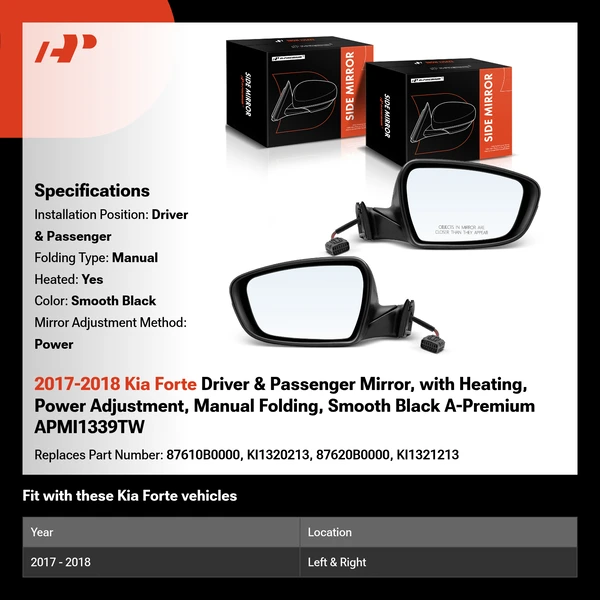 2017-2018 Kia Forte Driver & Passenger Mirror, with Heating, Power Adjustment, Manual Folding, Smooth Black A-Premium APMI1339TW