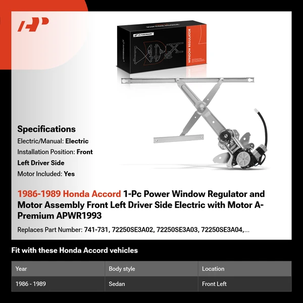 1986-1989 Honda Accord 1-Pc Power Window Regulator and Motor Assembly Front Left Driver Side Electric with Motor A-Premium APWR1993