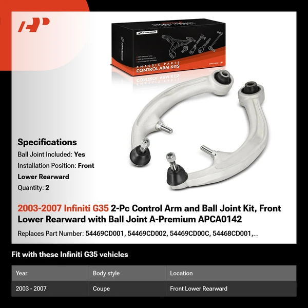 2003-2007 Infiniti G35 2-Pc Control Arm and Ball Joint Kit, Front Lower Rearward with Ball Joint A-Premium APCA0142