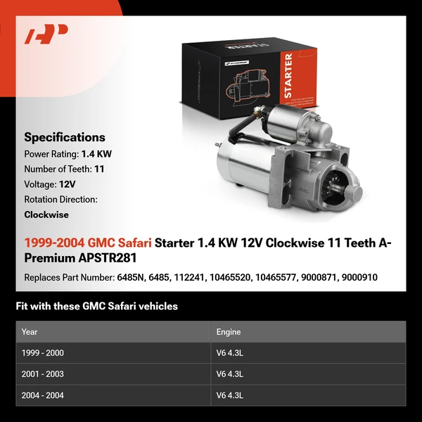 1999-2004 GMC Safari Starter 1.4 KW 12V Clockwise 11 Teeth A-Premium APSTR281